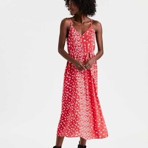 American Eagle Outfitters Red Floral Midi Dress Casual lightweight Leg Slit